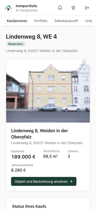 Käuferansicht mit Objektfoto und Kennzahlen