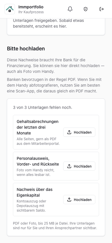 Angeforderte Nachweise mit Upload