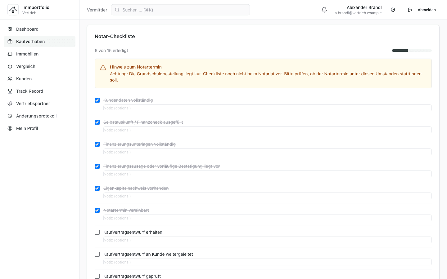 Notar-Checkliste mit Fortschritt und Warnhinweis