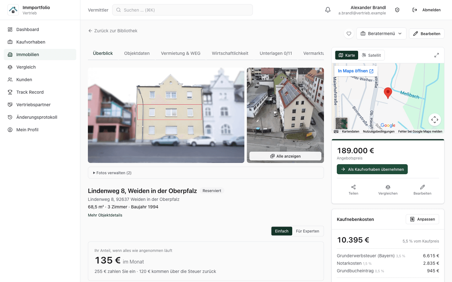 Objektseite mit Fotos, Karte und Kaufnebenkosten